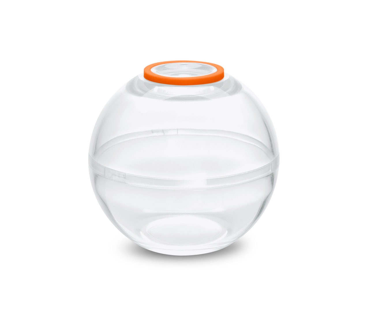 Vue détaillée d'une boule de conservation transparente ronde avec un couvercle orange.