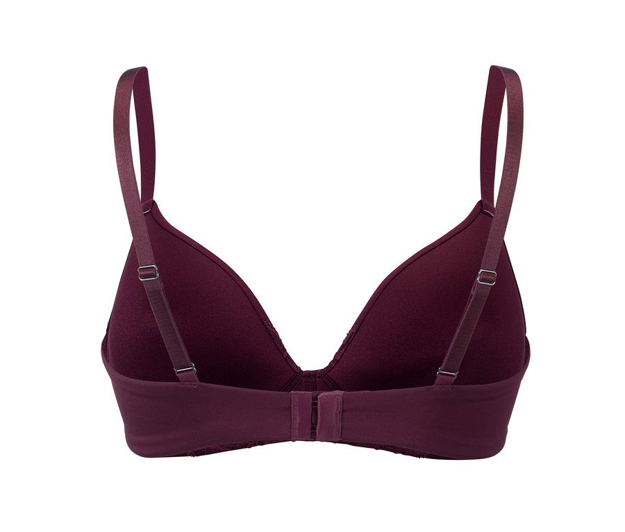 Vue détaillée de l'arrière d'un soutien-gorge bordeaux à coques souples.