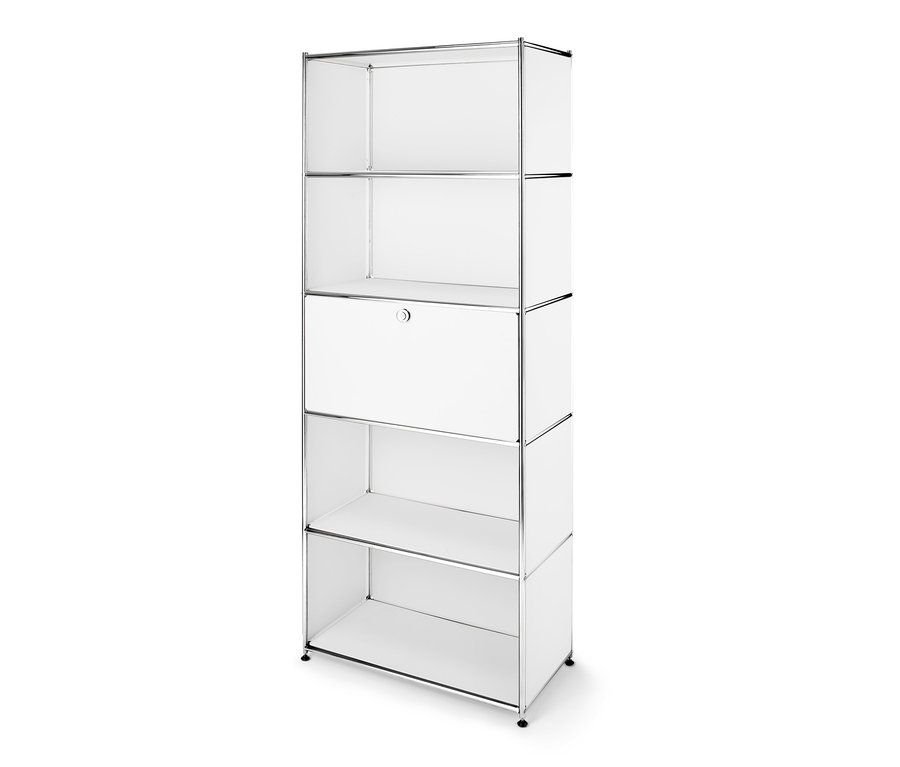 Étagère haute en métal blanche avec un compartiment à abattant au milieu.