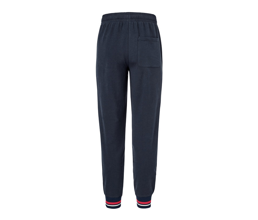 Vue arrière de deux pantalons de jogging. Ils sont bleu foncé et ont une poche à l'arrière.