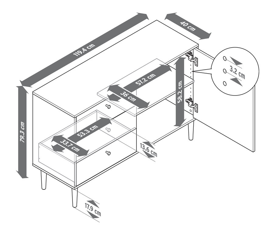 Dimensions de la commode Bekeson en blanc et anthracite.