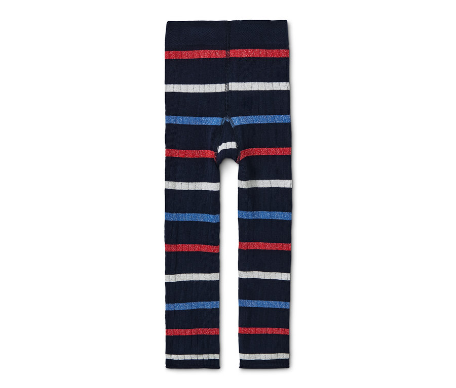 Deux leggings en maille avec des rayures horizontales rouges, blanches et bleues sur un fond bleu marine.