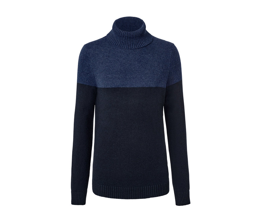 Pull à col roulé bicolore dans les tons de bleu.