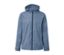 Veste de pluie unisexe bleue avec capuche et fermeture éclair au centre.