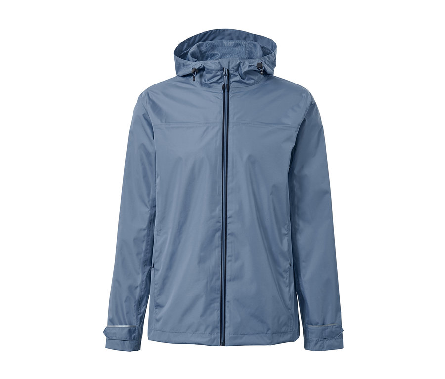 Veste de pluie unisexe bleue avec capuche et fermeture éclair au centre.