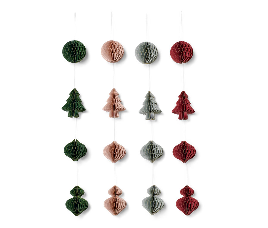 Quatre rangées de décorations d'arbre de Noël, 16 pièces, en vert, rose, gris et rouge.