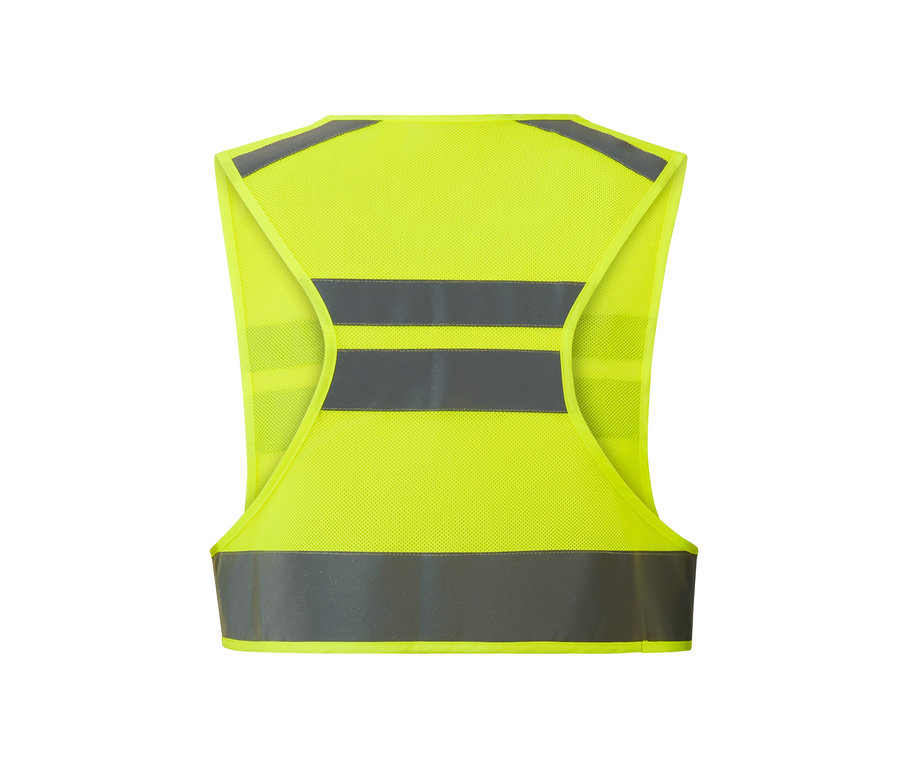 Vue arrière d'un gilet réfléchissant avec des bandes réfléchissantes argentées.