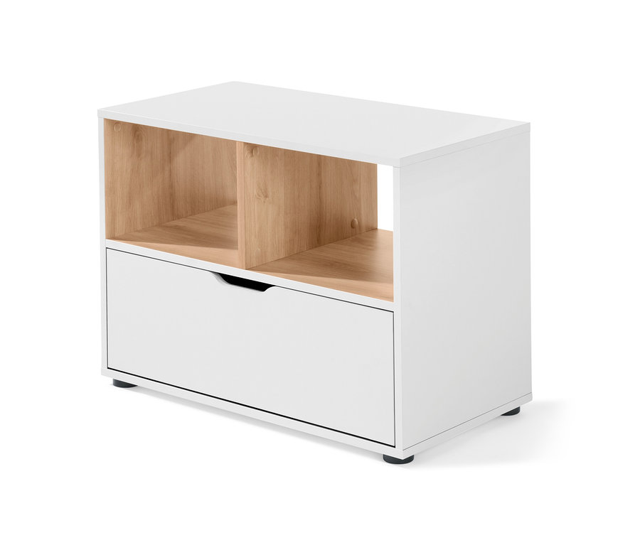 Buffet blanc avec tiroir et étagères en bois.
