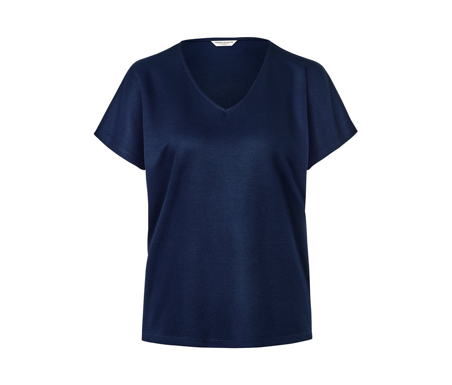 Blouse structurée bleu foncé à manches courtes et col en V.