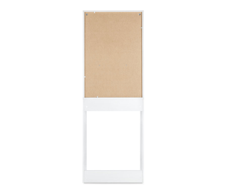 Vue arrière d'une armoire de machine à laver blanche avec surface de travail rabattable.