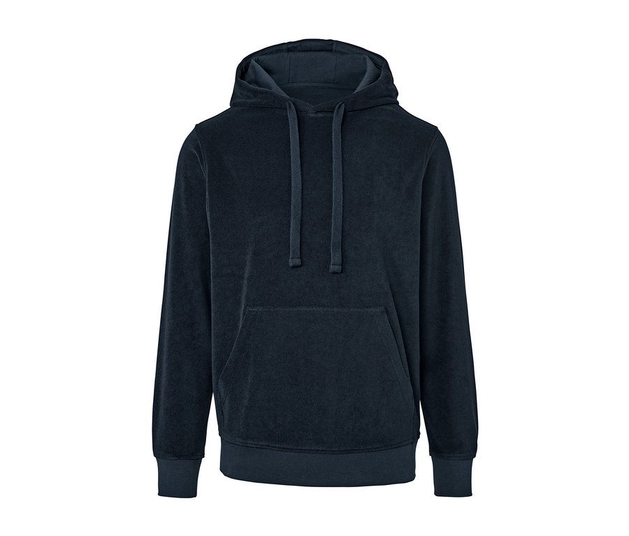 Sweatshirt à capuche en tissu éponge bleu marine.