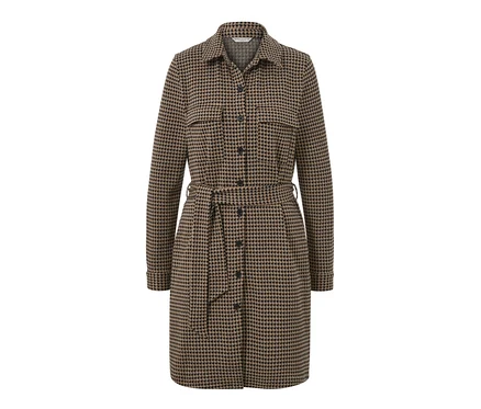 Une robe en sweat marron à jacquard pied-de-poule avec manches longues, boutons et ceinture.