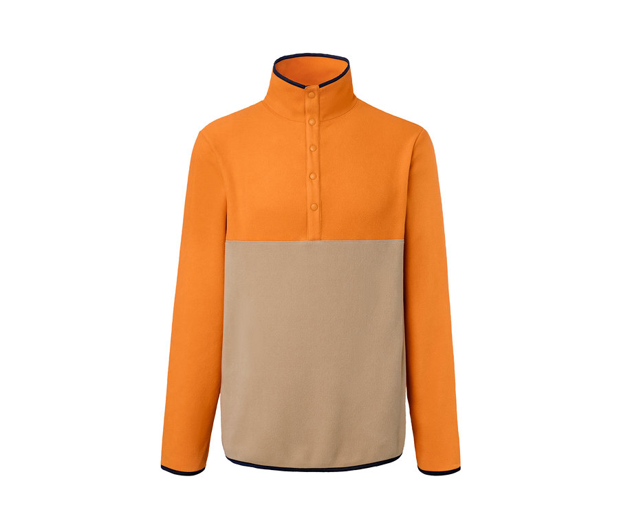 Pull en polaire orange et beige.