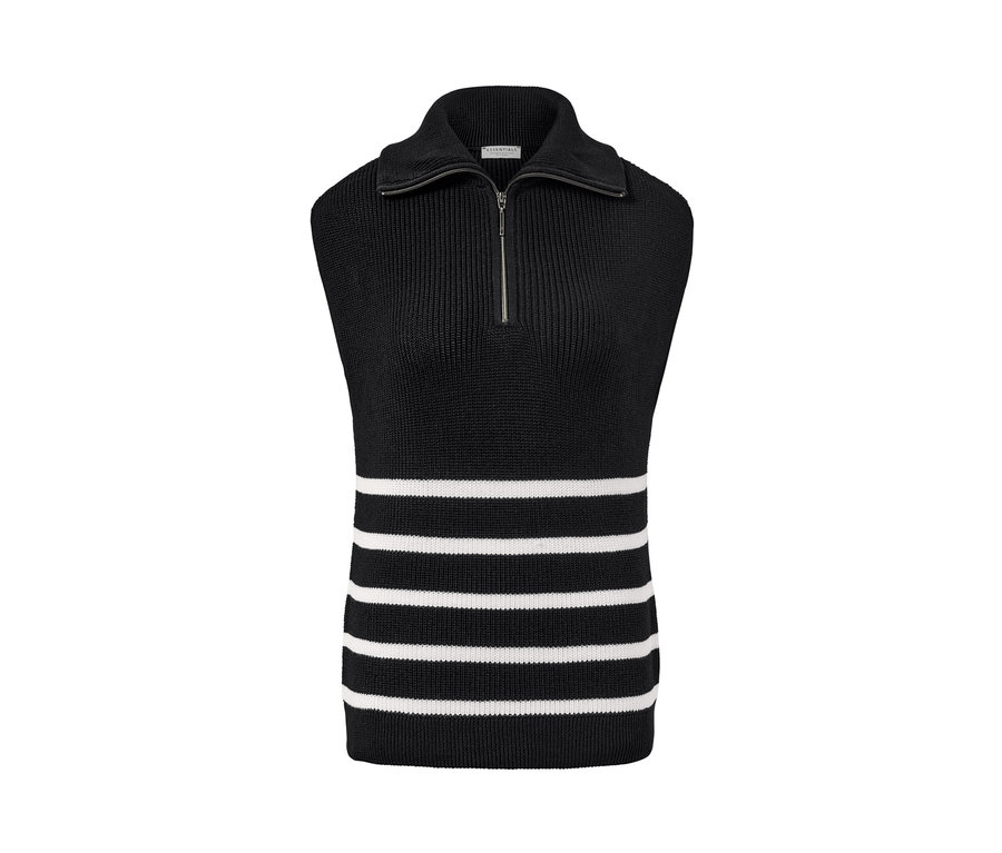 Sous-pull noir à col camionneur avec rayures blanches et fermeture éclair.