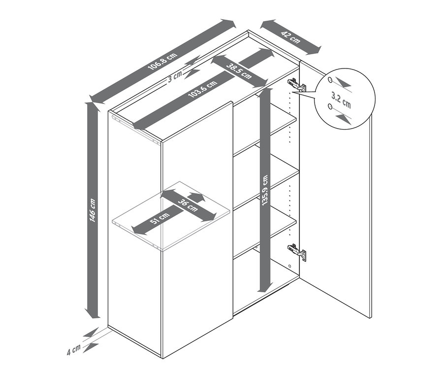 Les dimensions du meuble haut sont indiquées par des flèches.