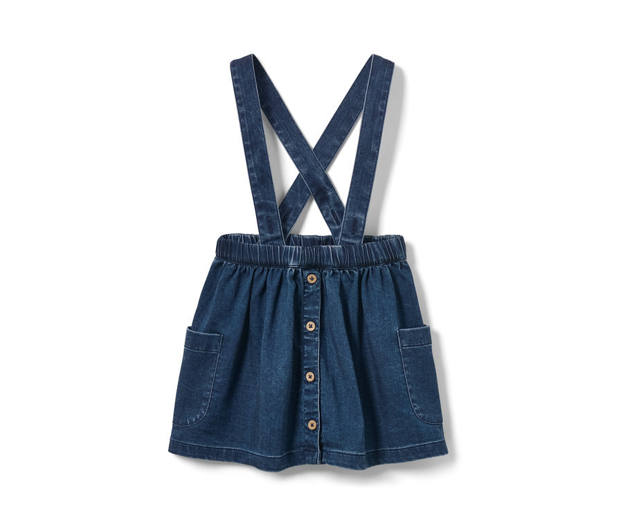 Jupe en denim pour tout-petit avec bretelles et boutons.