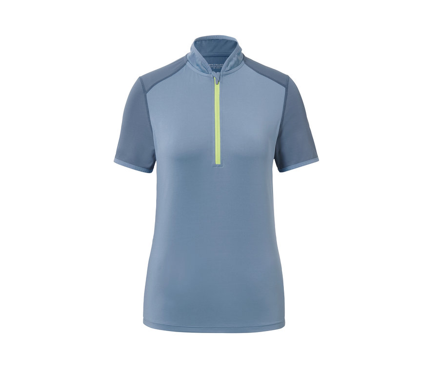 T-shirt de cyclisme bleu à manches courtes avec fermeture éclair jaune.