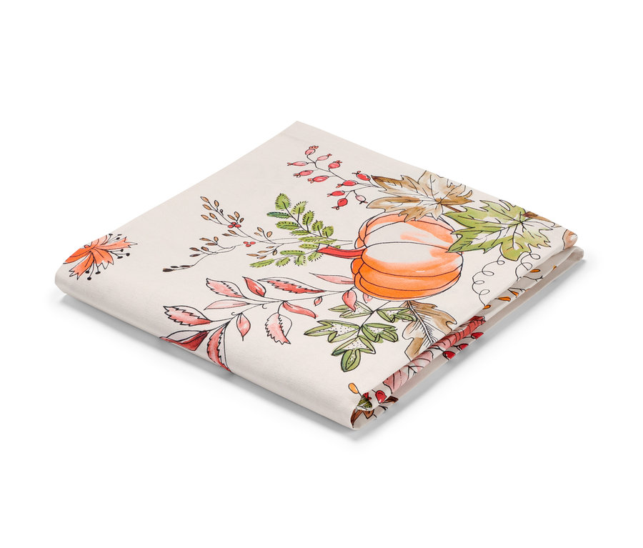 Nappe pliée, env. 90 x 90 cm, avec motif de citrouille et de feuilles.