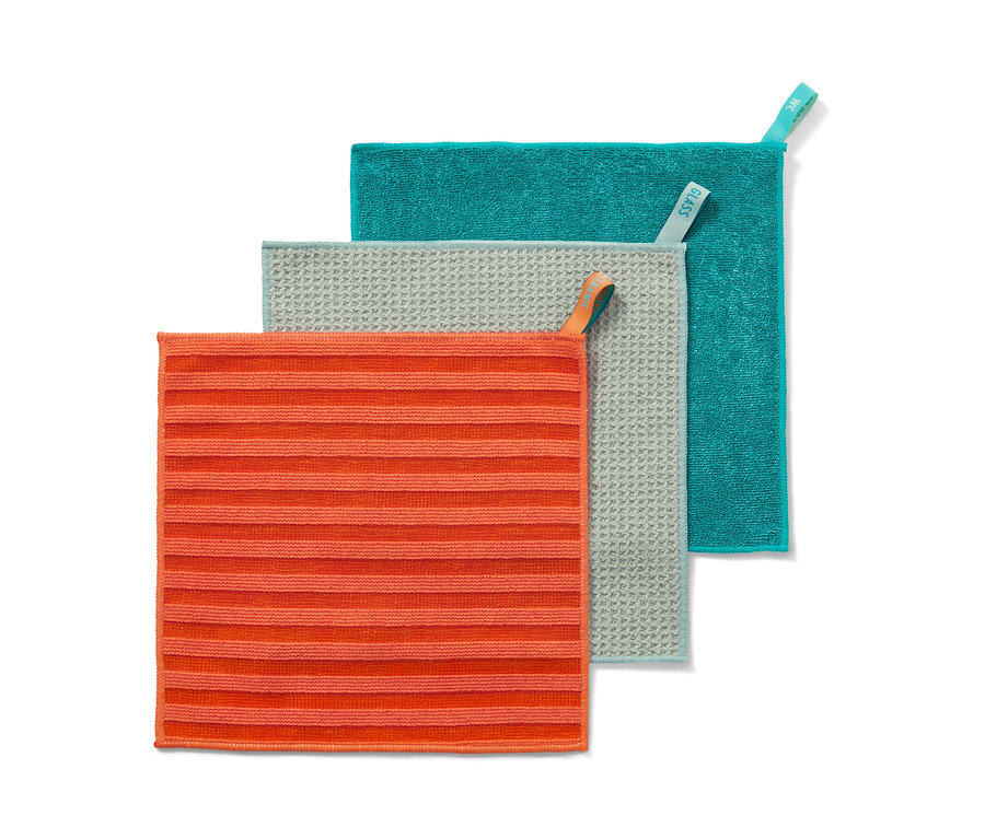Lot de chiffons de nettoyage : orange, gris et turquoise.