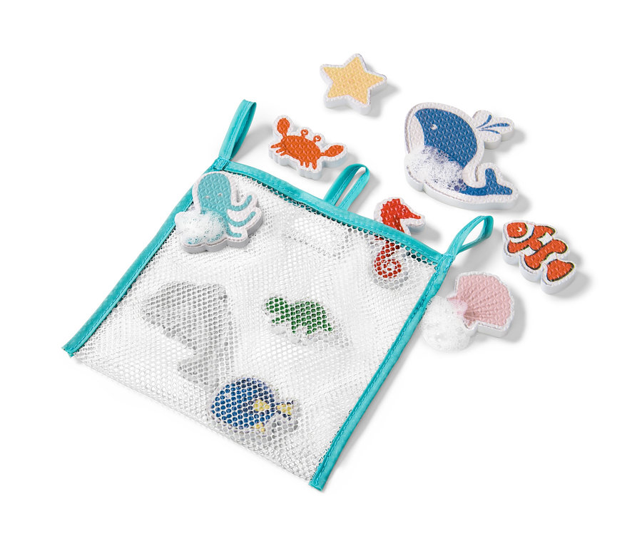 Un filet à jouets bordé de bleu avec un ensemble de 10 jouets de bain animaux marins.