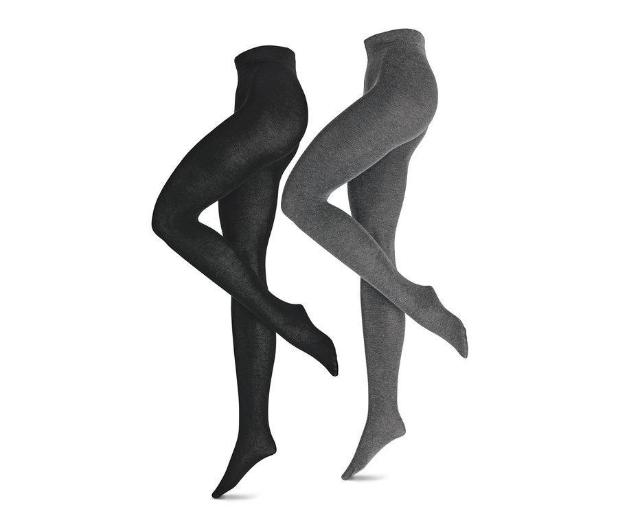 Deux paires de collants en maille, une noire et une grise.