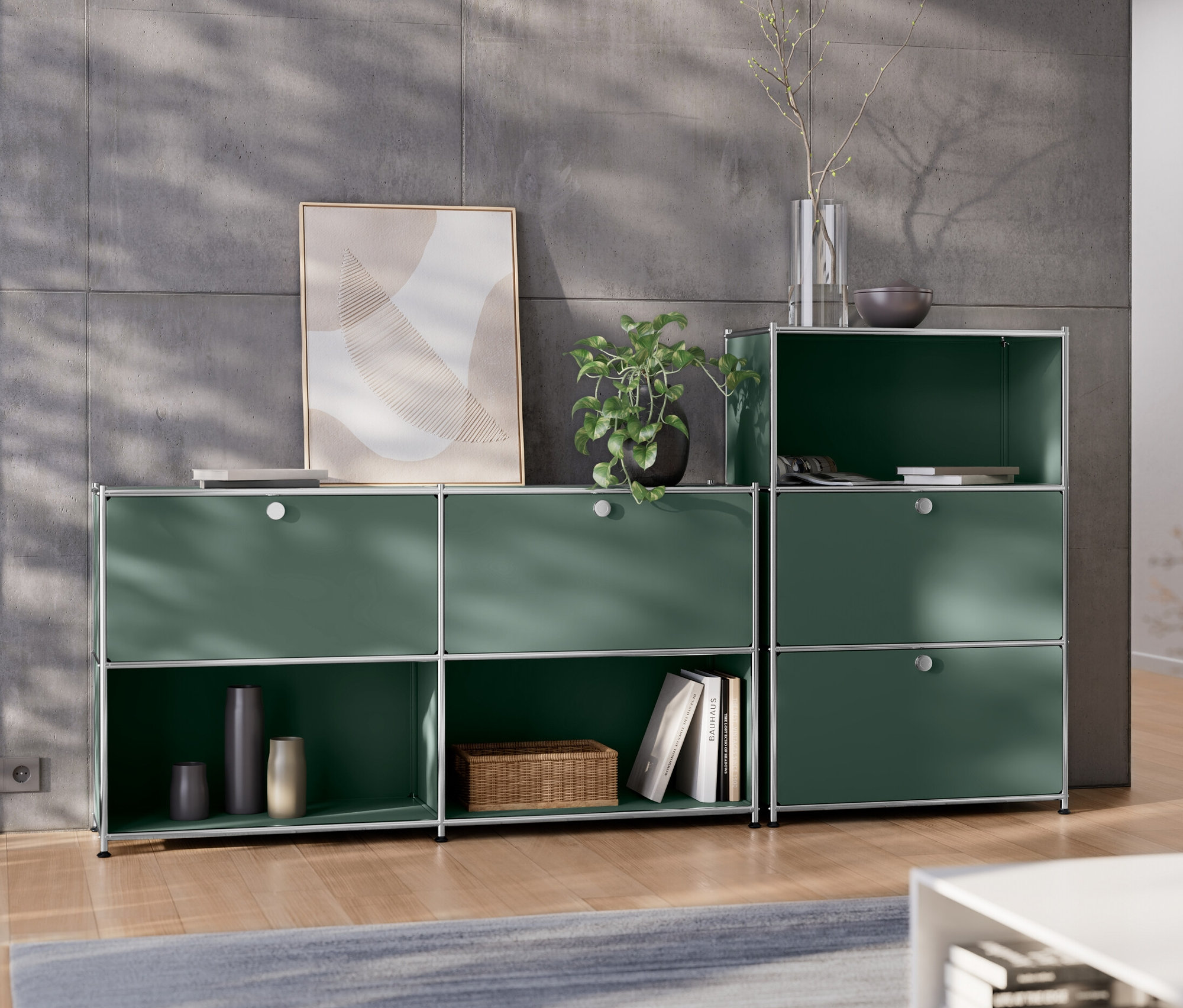 Commode métallique vert olive « CN3 » à deux abattants et buffet en métal « CN3 » à 2 abattants amovibles.