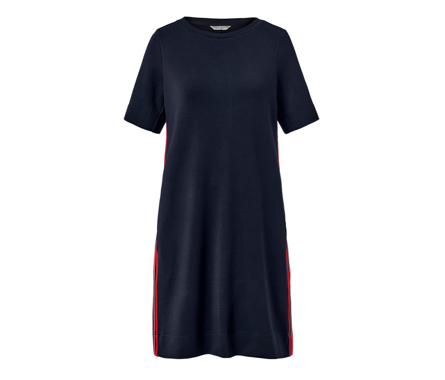 Robe en sweat bleu marine avec des galons rouges sur les côtés.