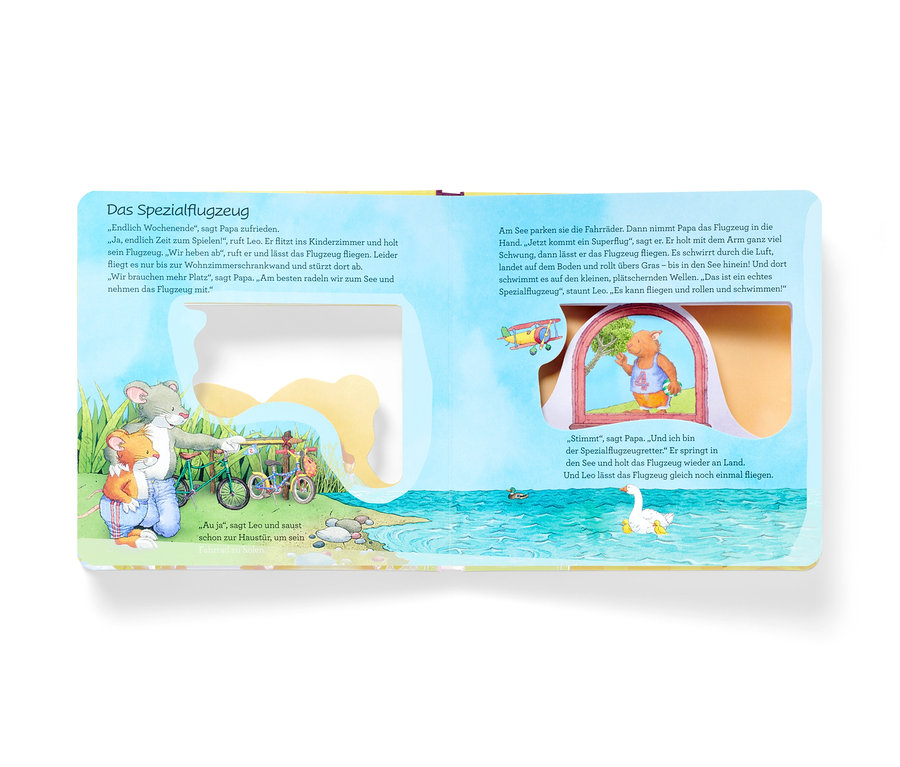 Livre ouvert avec des illustrations de Léo Lausemaus et son papa au bord du lac.