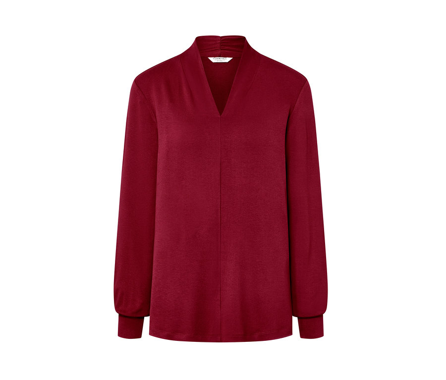 T-shirt manches longues rouge bordeaux avec encolure en V.