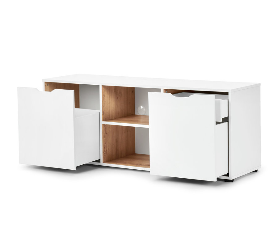 Buffet blanc avec tiroirs et portes, dont certaines sont ouvertes.
