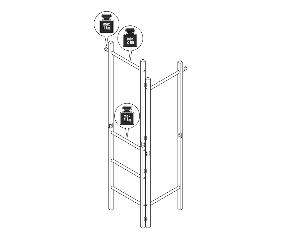 Schéma d'une échelle à vêtements avec une capacité de charge maximale de 1 kg sur la barre supérieure et de 2 kg sur les autres barres.