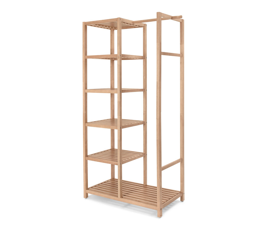 Meuble de rangement à étagères en bois massif clair avec cinq étagères et une barre de suspension.