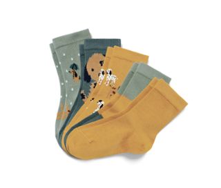 1x sauge avec motif de chien, 1x vert foncé avec motif de chiens, 1x jaune curry avec motif de chiens, 1x design color block vert foncé-vert sauge-jaune curry, 1x jaune curry