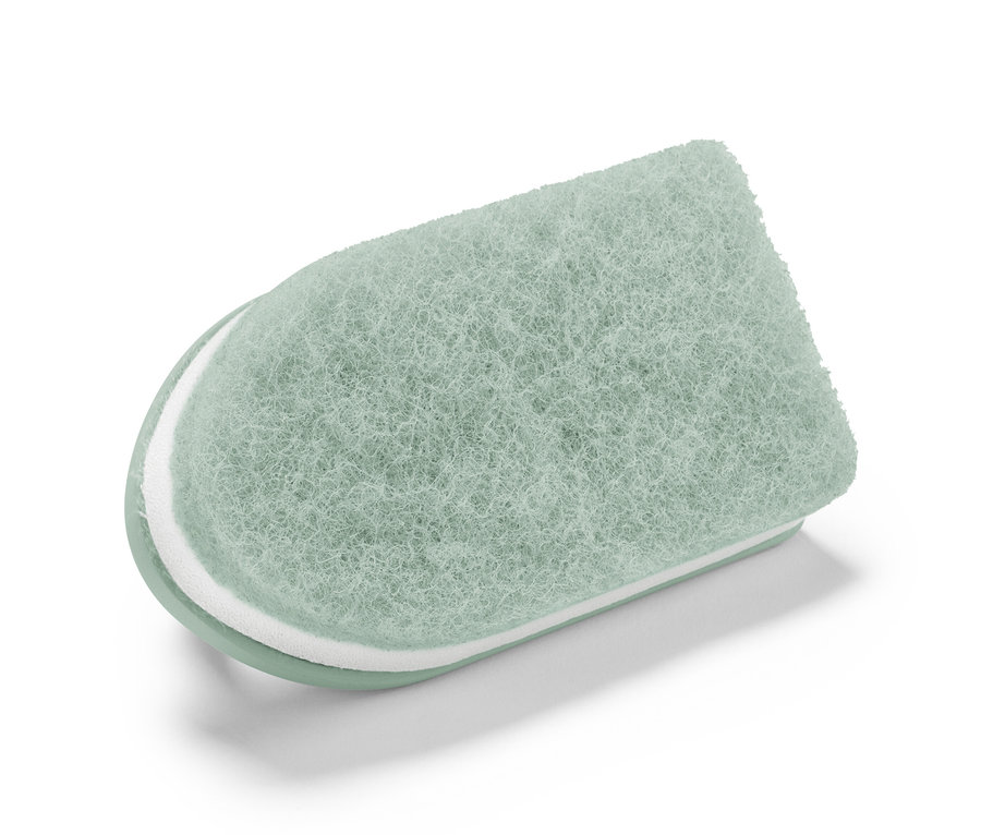 Gros plan d'un outil de nettoyage pour carrelage vert clair sur un fond blanc.