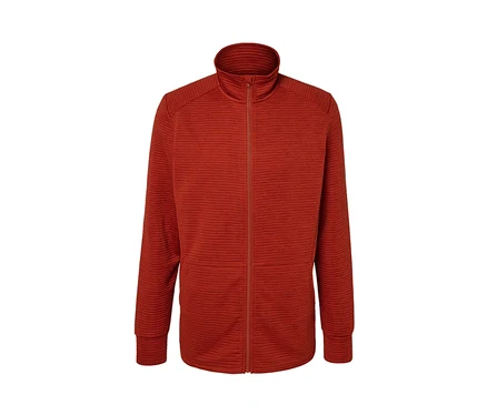 Veste fonctionnelle rouge avec fermeture éclair au centre.
