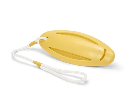Jouet à jeter aquatique jaune pour chien avec une corde blanche.