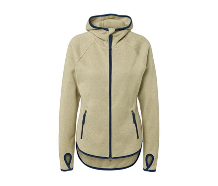 Veste en polaire tricotée jaune avec capuche et fermetures éclair bleues.