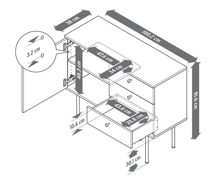 Les dimensions de la console »Finnsbo« avec tiroirs sont indiquées par des flèches.