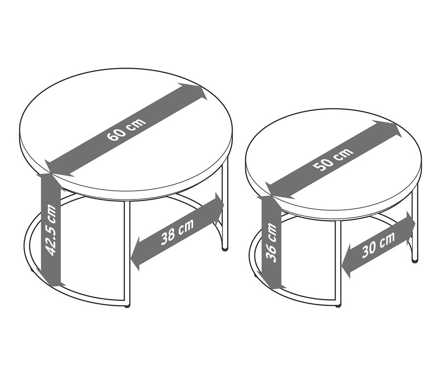 Deux tables basses avec plateau rond en béton et indications de taille.