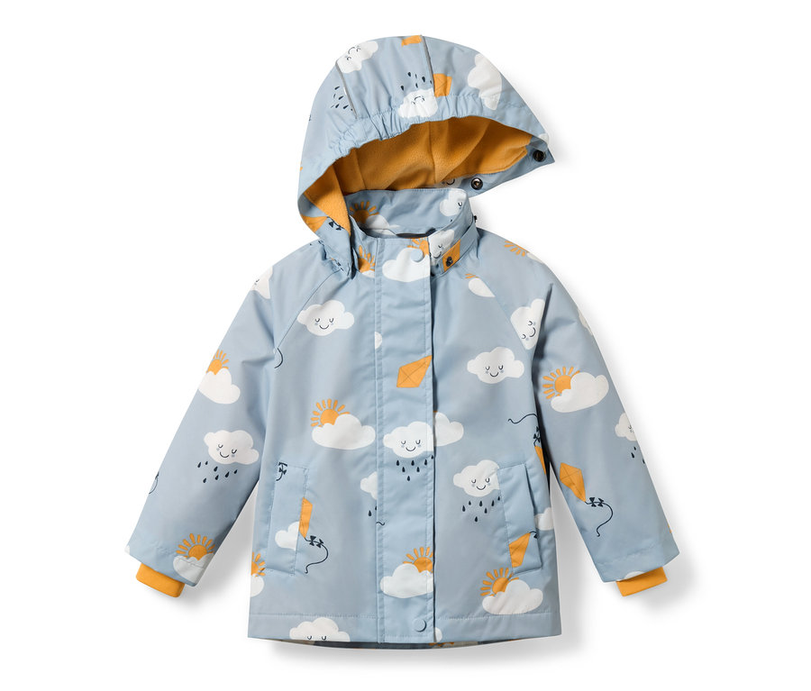 Veste de pluie thermique bleu clair pour tout petit avec imprimé intégral de nuages, de soleil et de cerfs-volants.