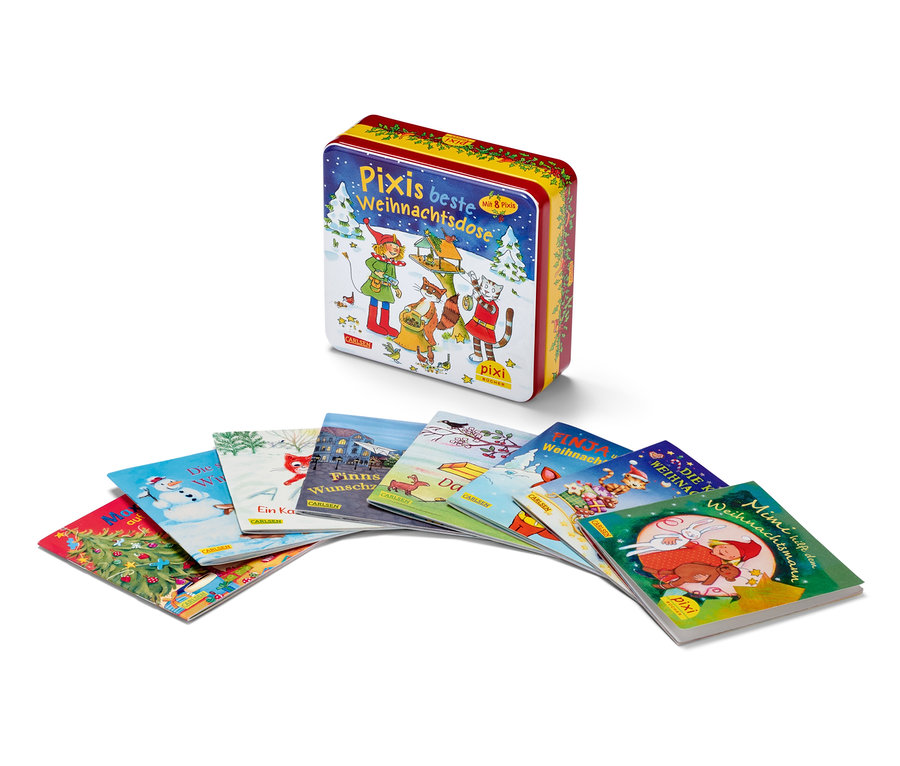 Une boîte de livres : « Pixis beste Weihnachtsdose » et des livres Pixi éparpillés en dessous.