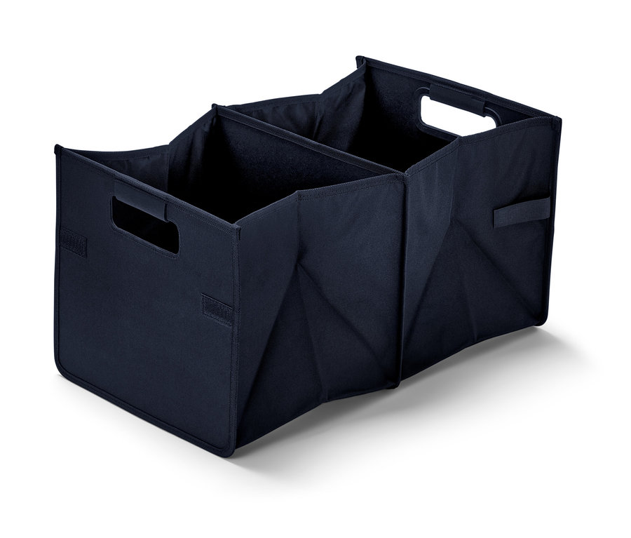 Une boîte pliante voiture dépliée avec trois compartiments et des poignées.