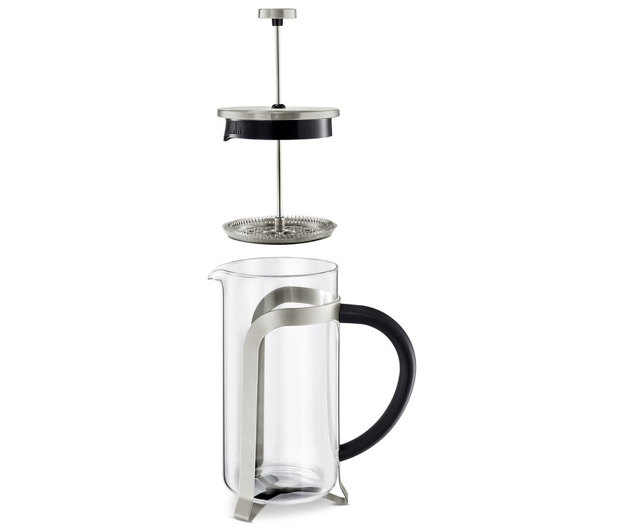 Cafetière à piston argentée de 800 ml pour 6 tasses démontée.