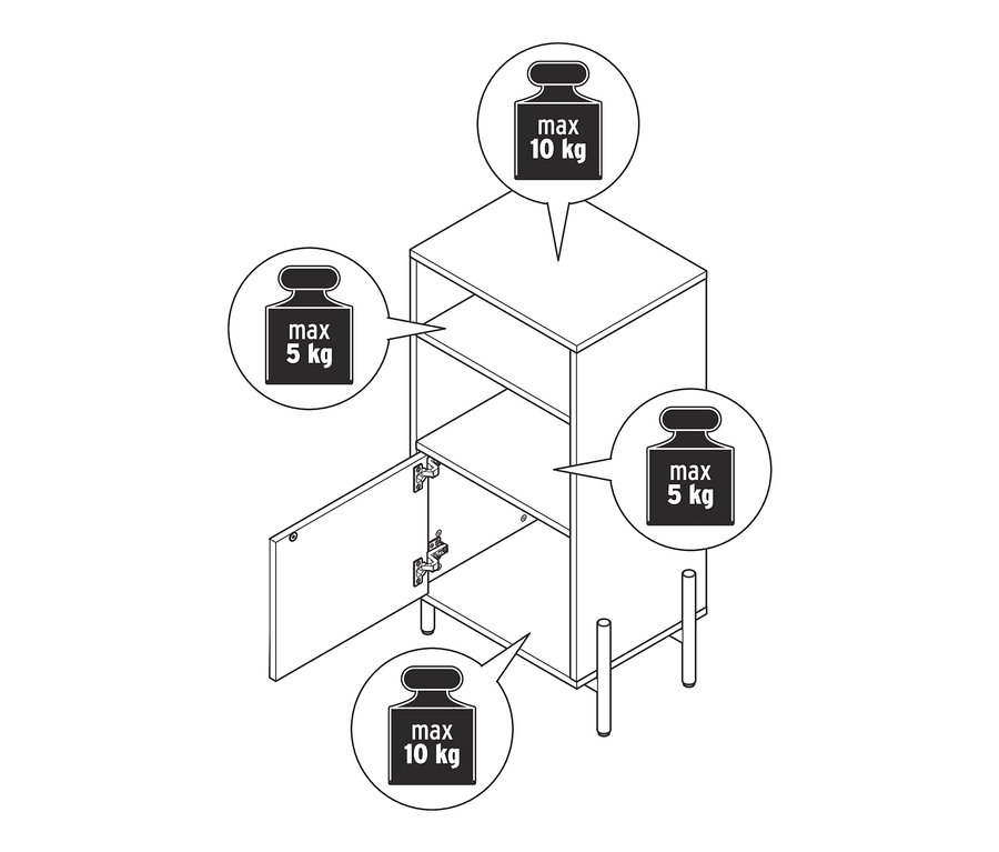 Dessin d'une armoire de salle de bain avec placage bois, avec une porte ouverte et une charge maximale de 10 kg sur les étagères supérieure et inférieure et de 5 kg sur l'étagère du milieu.