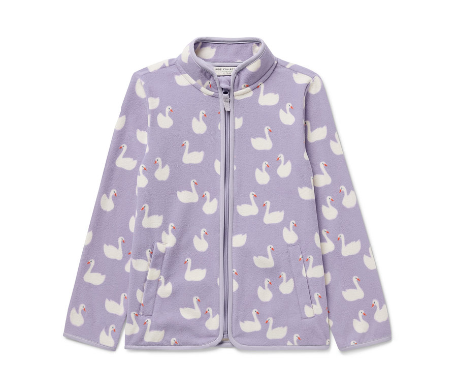 Veste polaire lilas pour enfant avec motif cygne et fermeture éclair.