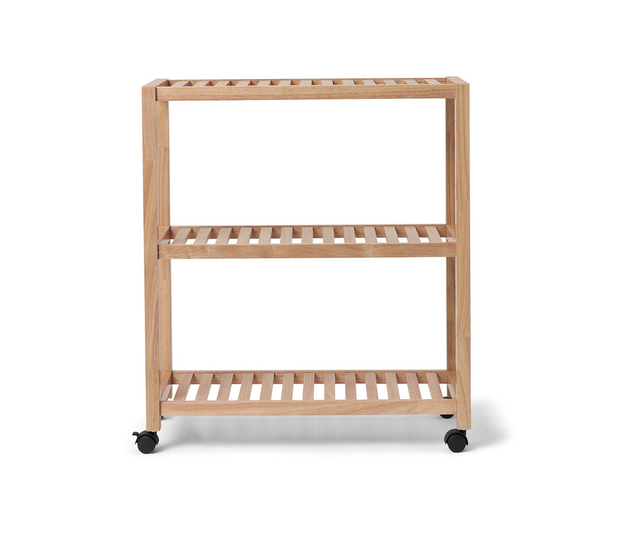 Étagère à trois niveaux en bois massif sur roulettes.