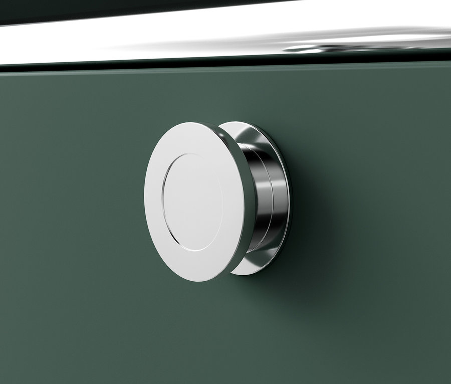 Détail d'une commode métallique vert olive « CN3 » avec une poignée ronde argentée.