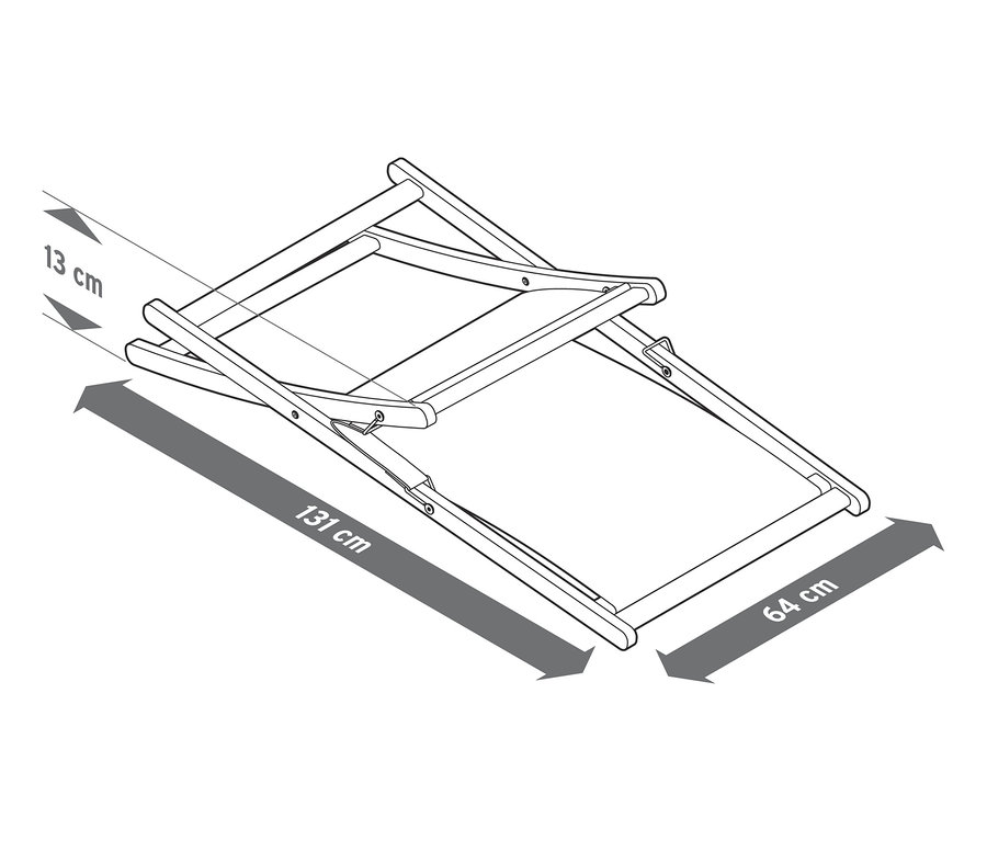 Illustration d'un fauteuil de relaxation pliant mesurant 131 cm de long et 64 cm de large.