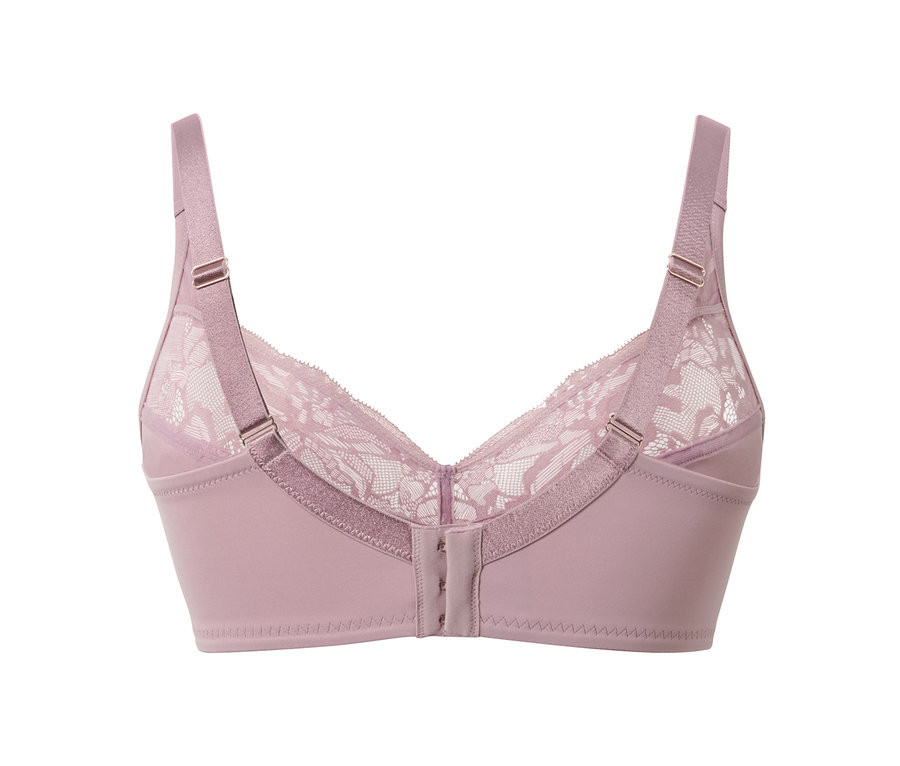 Vue détaillée d'un soutien-gorge souple mauve avec de la dentelle.