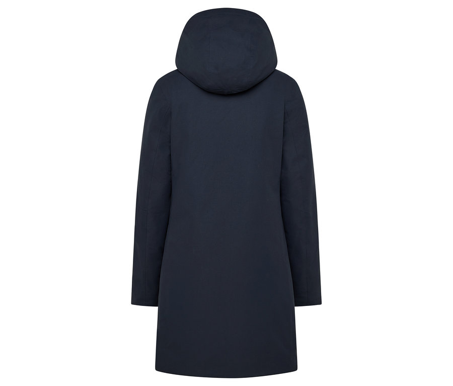 Vue arrière d'un manteau bleu marine avec capuche.